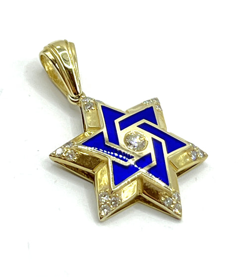 14K Gold & Diamond With Blue Enamel Star of David Necklace